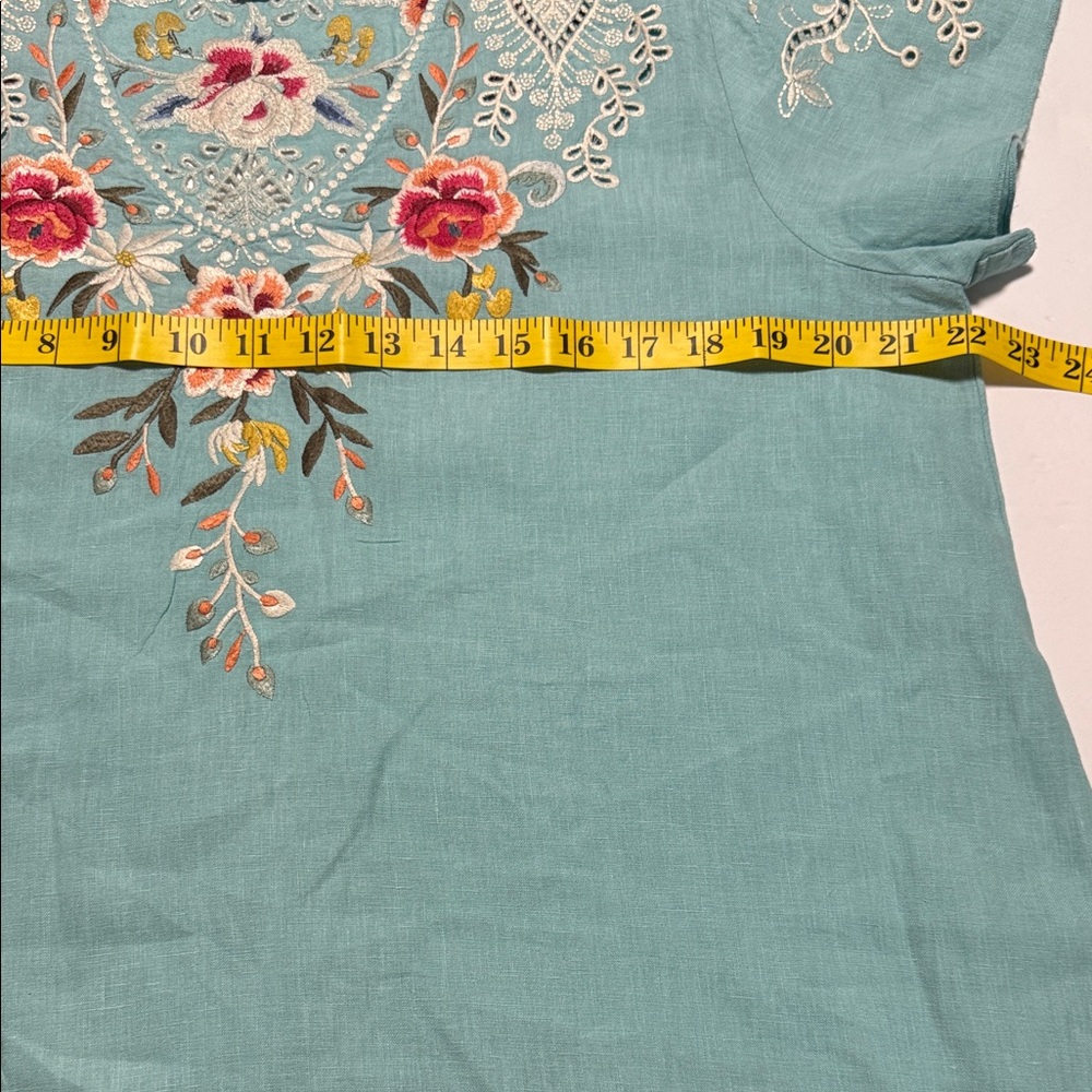 Johnny Was Turquoise Embroidered Mini Dress with Pink & Green Floral Detail - Picture 13 of 14